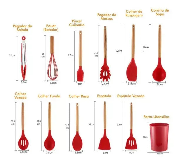 Kit de Utensílios de Cozinha em Silicone - 12 Peças com Suporte