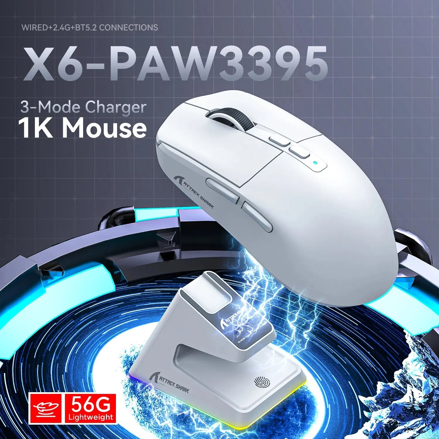 Attack Shark X6  -  Mouse sem fio para jogos X6 com 3 modos - Luz de fundo e base de carregamento para Laptop e Desktop