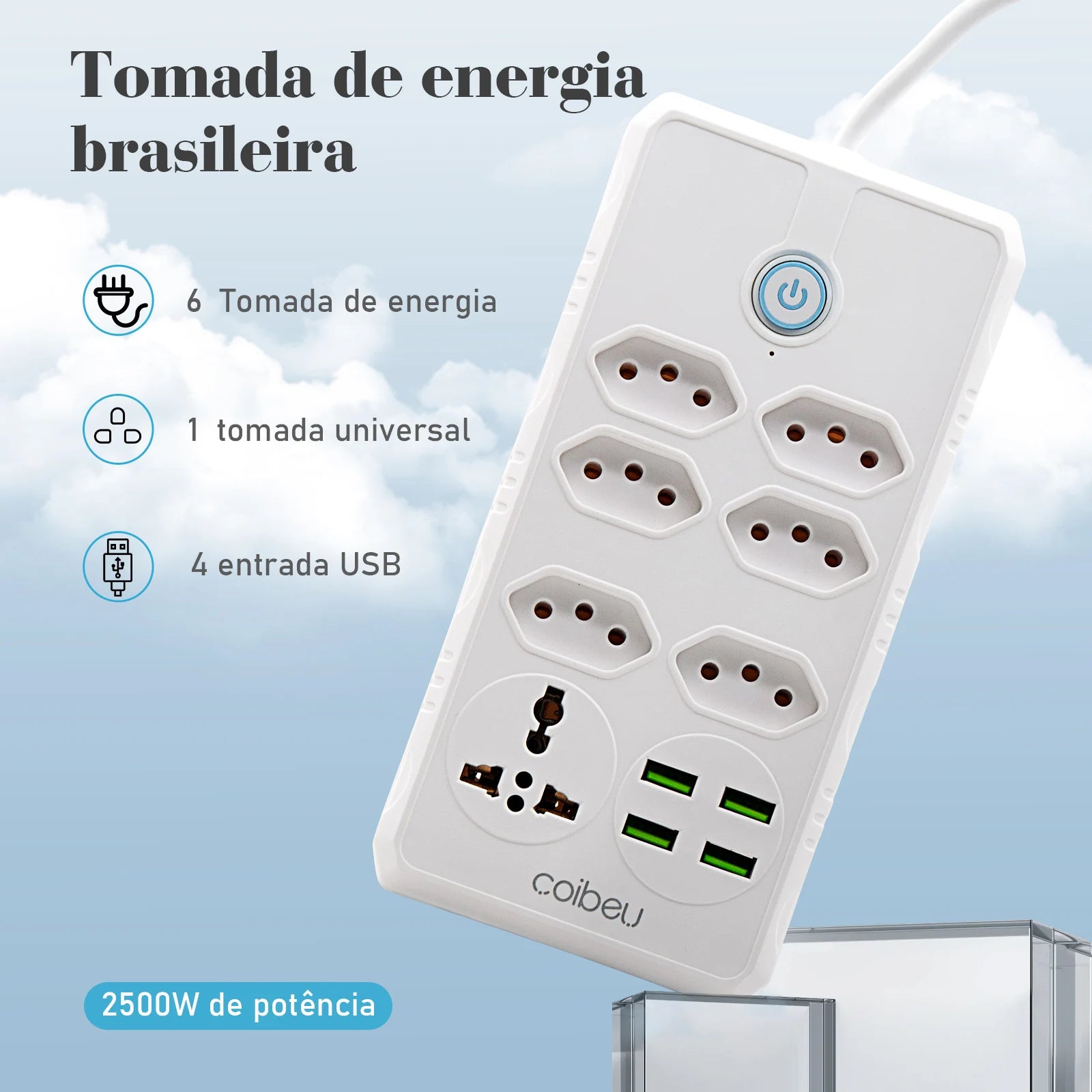 Filtro de Linha, Extensão Régua Tomada com 5 Tomadas, 4 USB e 1 USB-c, Cabo de 3 Metros, Bivolt